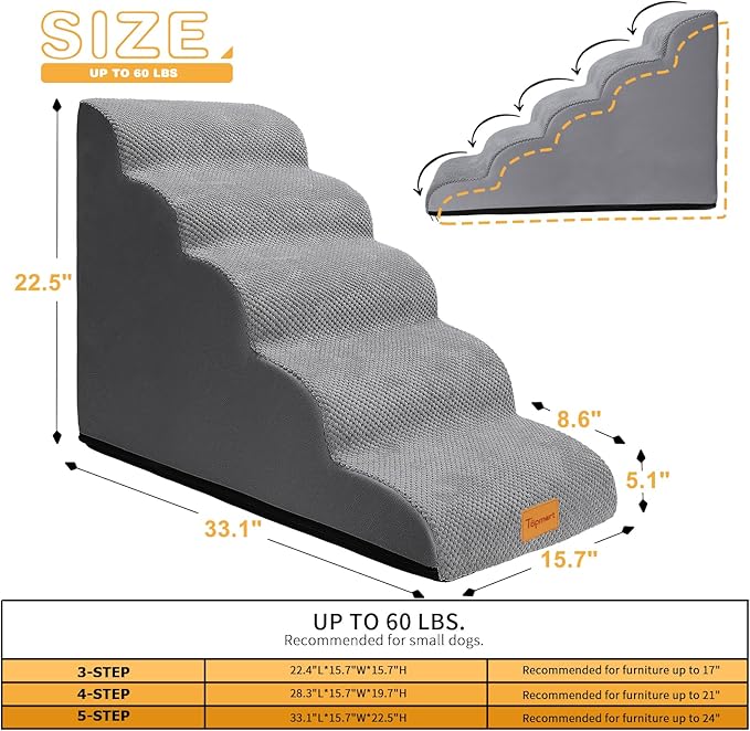Topmart Dog Stairs for Small Dogs, 5-Step,22.5”H, Pet Steps for High Beds Couches with All-Round Waterproof Cover,Non-Slip Sturdy Dog Ramp for Old Cats,Injured Pet