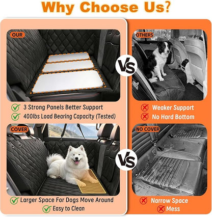 Back Seat Extender for Dogs, Hard Bottom Dog Car Seat Cover, Waterproof Car Hammock for Dogs, Back Seat Cover for Dogs, Car, SUV, Small Truck (Black, Large)