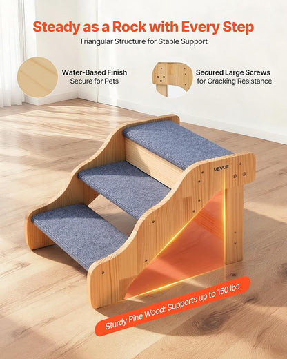 VEVOR Wood Pet Stairs, 3-Step Dog Stairs for High Beds, Sofa & Cars, 150lbs Load Capacity, Non-Slip Surface, Stable Cat & Dog Step Ladder for Small Medium Large Older Pet Puppy Essentials