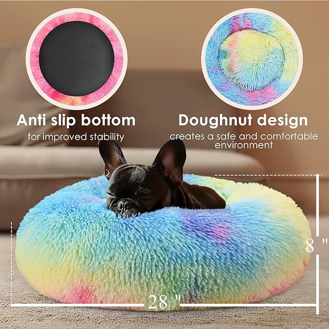 28in Large Dog Bed, Medium Size Dog and Cats, Calming Donut Bed for Puppy and Kitten, Washable Round Fluffy Pet Bed (Rainbow)