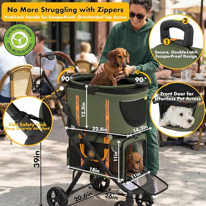 PAWZIDEA Double Pet Stroller with 2 Detachable Carrier, Lightweight Portable Travel Crate & Car Seat Combo & TSA-Approved Expandable Carrier, Foldable Jogger Stroller for 2–4 Cats or Small/Medium Dogs