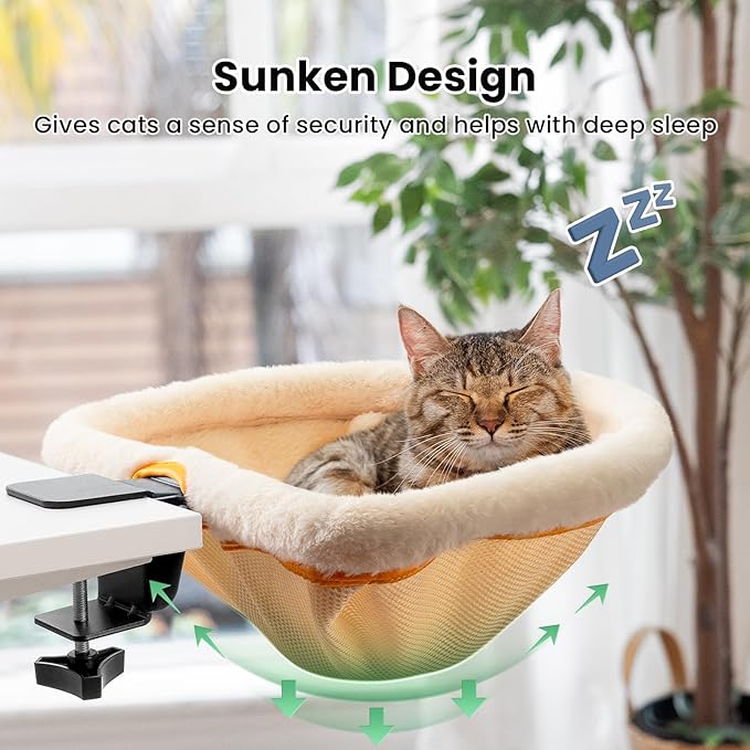 Cat Desk Bed - One-Click Folding,Sunken Design & Space-Saving Semi-Circular Cat Bed, Soft Faux Rabbit Fur Material, Suitable for Various Desktops-Maximum Hold Up to 40lb