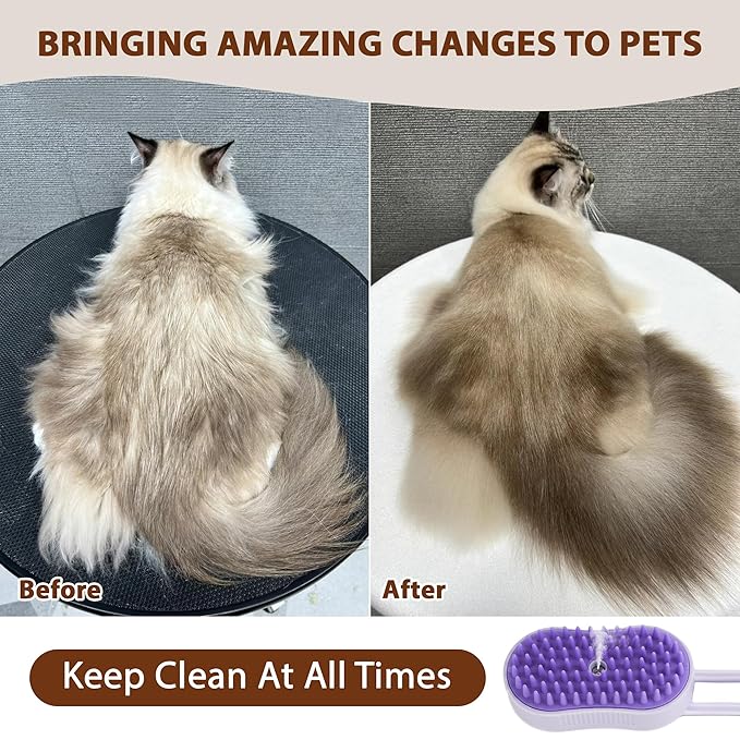 4 in 1 Cat Steam Brush, Rechargeable Steam Brush for Cats and Dogs, Anti-Static Cat Spray Brushes, Massage, Cleaning, Shedding & Combing All In One! Purple