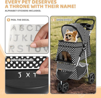 Magshion 3-Wheel Pet Stroller, Foldable Travel Jogger for Small & Medium Dogs & Cats (Up to 33lbs), Lightweight Carrier with Breathable Mesh Cover, Cup Holder & Storage Basket, Black Polka Dots