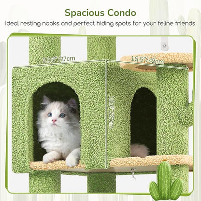 Globlazer Extra Large Platform Cactus Cat Tree, 65in Sturdy Cat Tree for Multiple Indoor Cats Large Adult, Big Cat Tower with 3 Padded Perches, 6 Scratching Posts, Spacious Condo, Hammock, S65, Green