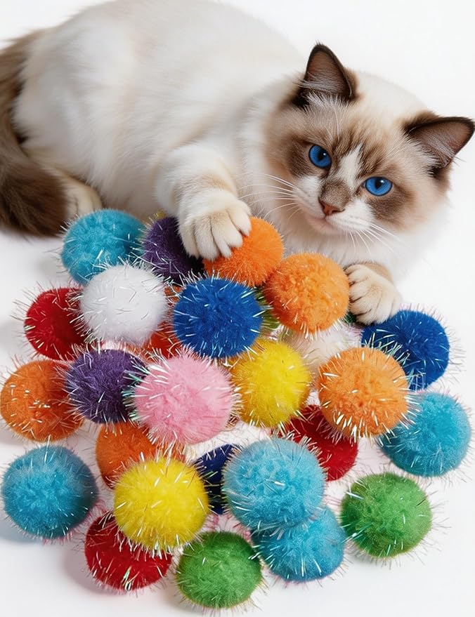100 Reflective Plush Cat Toys Balls - 10 Assorted Colors (10 Each), Safe Soft for Indoor Kitten & Adult Cats, Fun for Play & Hunting (1.5 in, 100 Balls)
