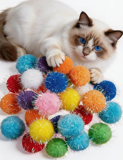 100 Reflective Plush Cat Toys Balls - 10 Assorted Colors (10 Each), Safe Soft for Indoor Kitten & Adult Cats, Fun for Play & Hunting (1.5 in, 100 Balls)
