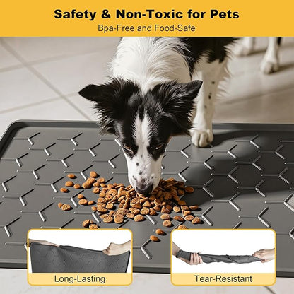 Pieviev 34''x22'' Dog Cat Food Bowl Mat, Silicone Waterproof Food Grade Pet Food Mat for Floor, High Raised Edge to Prevent Spills, Non-Slip & Easy Clean Pet Placemat for Dog & Cat Bowls, Dark Gray