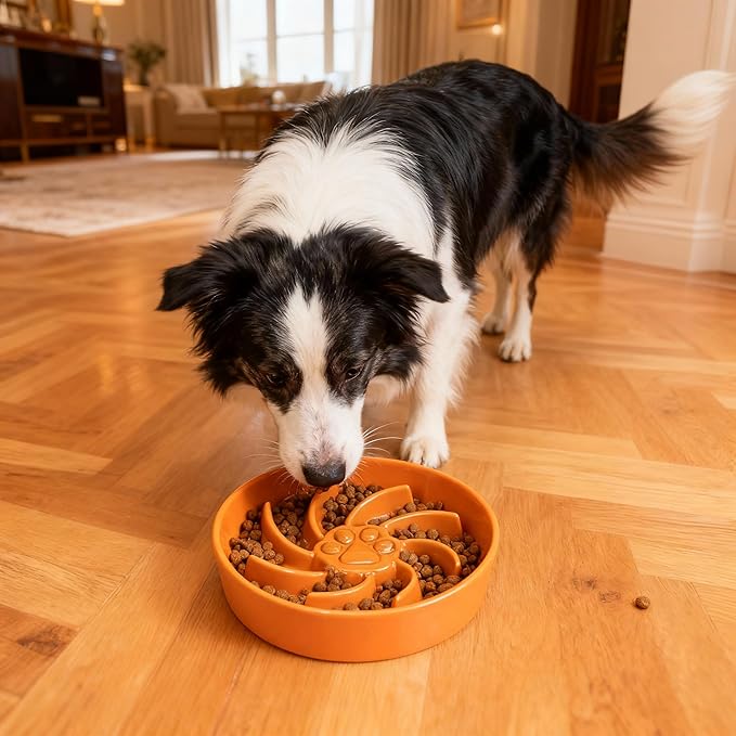 Ceramic Slow Feeder Dog Bowl, 1.5 Cup Dog Food or 20oz Water, Slow Eating Bowl for Small Breed, Maze Puzzle Feeder for Fast Eaters, Anti-Choking Stop Bloat, Non-Slip BPA Free (Orange)