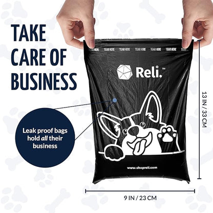 Reli. Dog Poop Bags Rolls (1080 Pack, 72 Rolls) | 9"x13" Poop Bags for Dogs | Unscented, Leak Proof for Doggie/Pet Waste Clean Up | Black | 3 Leash Clip Holders Included | Bulk
