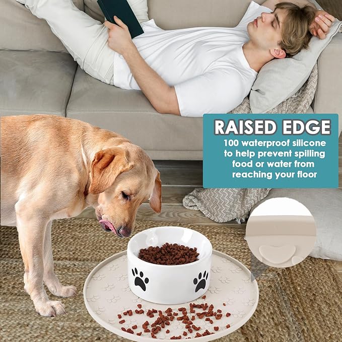 Pet Feeding Mat, Waterproof, Raised Edges to Prevent Spills, Easy Clean in Dishwasher, Dogs and Cats Placemat Tray to Stop Food and Water Bowl Messes on Floor(1Pack Beige)