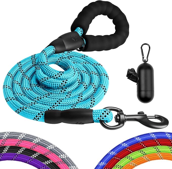 Heavy Duty Dog Leash for Large Medium Small Breed Dogs, Reflective Rope Dog leashes with Comfortable Handle,4/5/6 FT Pet Puppy Leash for Night Walking with Poop Bag Holder,Sky Blue,1/2 inch
