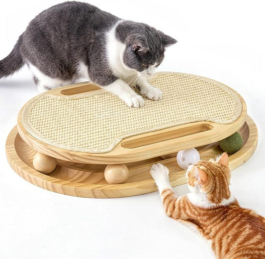 Cat Scratcher with Ball Track Toy, Large Sisal Scratch Pad for Indoor Adult Cats, Wooden Interactive Cat Puzzle Toys for Kitten Mental Stimulation Self Play Home Enrichment