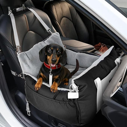 SIVES Dog Car Seat for Small Dogs, Soft Booster Seat Travel Bed with Side Flaps, Non-Slip Base, Seat Belt Straps + Safety Tether, Storage Pocket, Washable Cushion, Recommended Up to 33 lbs, Black