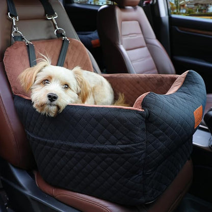 Dog Car Seat for Small Medium Dogs,Portable Pet Booster Seat with Safety Strap & Removable Washable Pad,Memory Foam Dog Travel Bed for Car,SOFE Velvet for Puppies Cats（M-Black/Brown）