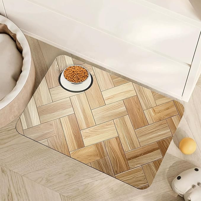 Vintage Wooden Dog Cat Food Mat,Boho Absorbent Pet Feeding Mat for Food and Water,Non-Slip Dog Bowl Mats Floor Protector 12"x20"
