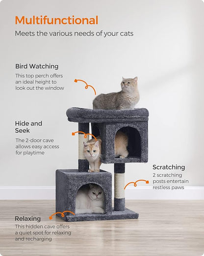 Feandrea Cat Tree, 29.1-Inch Cat Tower, Plush Condo for Medium Cats up to 11 lb, Large Perch, 2 Caves, Scratching Post, Smoky Gray UPCT612G01