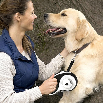26Ft Retractable Dog Leash - for Dog Up to 110lbs, Tangle Free Walking Leash with Chew Proof Cable | LED Light | Dispenser | Poop Bags, Quick Lock Braking & Non-Slip Handle (White)