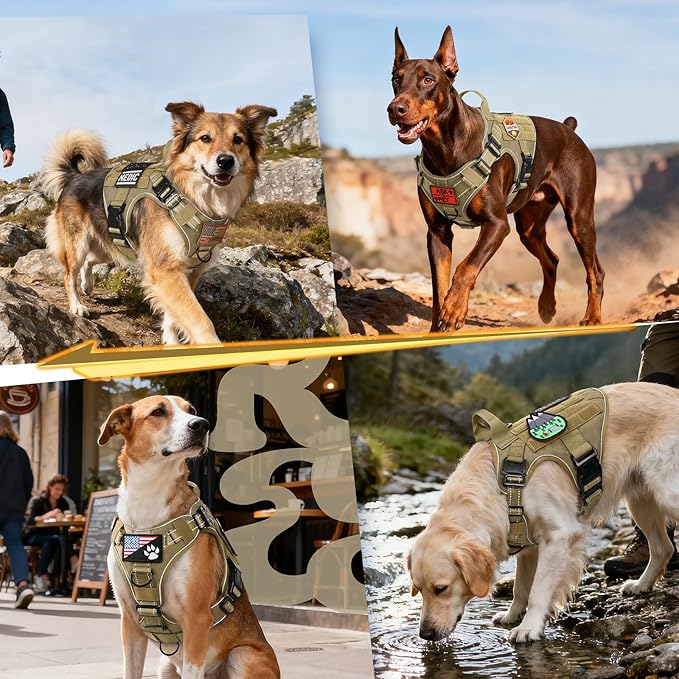 rabbitgoo Tactical Dog Harness for Large Dogs, No Pull Upgraded Reflective Heavy Duty Molle Vest with Handle, Adjustable Military Service Dog Vest for Walking Hiking Training, Brown, L