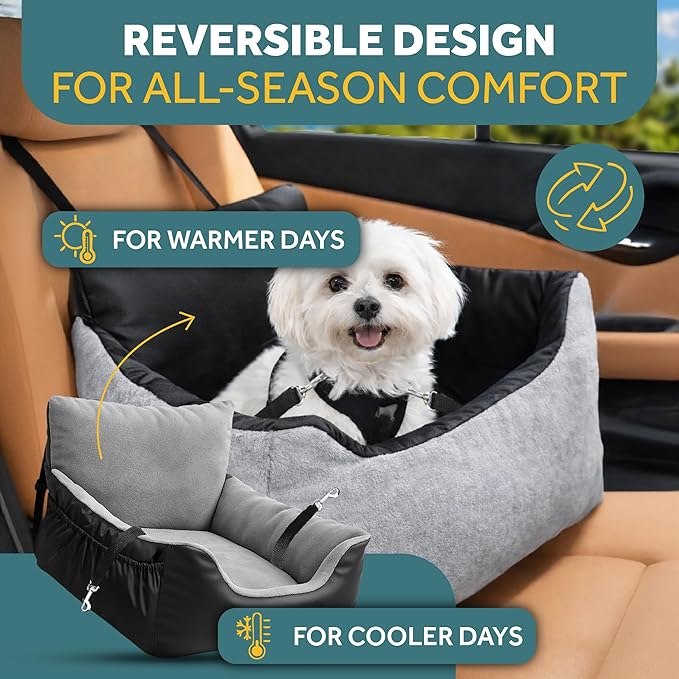 JOTADE Dog Car Seat for Small & Medium Dogs – Washable & Reversible Pet Travel Booster Seat, Double Safety Leashes, Anti-Slip Design, Extra Cushion Cover, Easy Install Puppy Car seat up to 35 lbs