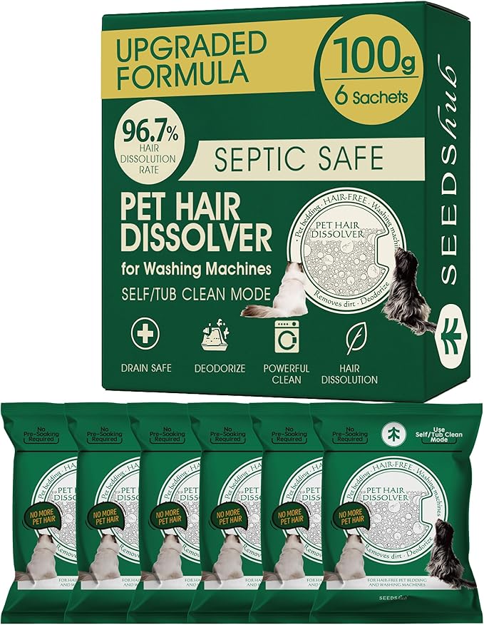 Pet Hair Dissolver For Washing Machine Cleaner, Hair Dissolving Laundry Detergent For Dog And Cat Fur, 96.7% Hair Dissolution, High Efficiency And Septic Safe, HE/Top/Front-Load Compatible, 6 Sachets