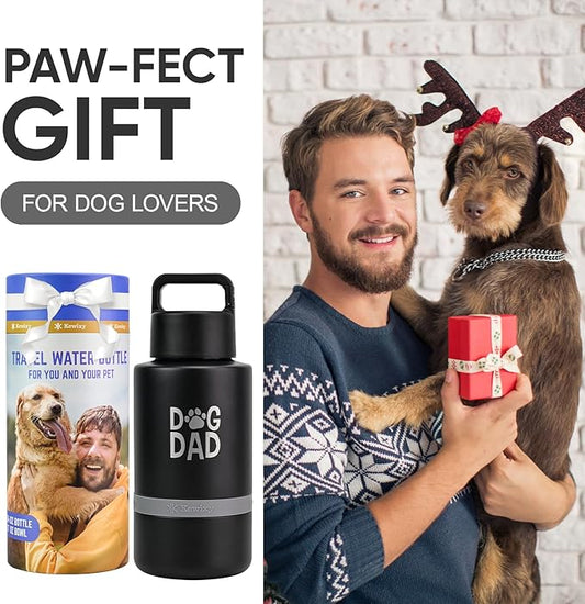 Dog Dad Gift, Insulated Dog Water Bottle with Travel Bowl, Men Christmas, Birthday for DogLover, Portable Water Bottle Dispenser, Accessories for Car, Camping, Outdoor, Detachable (DogDad-Black)
