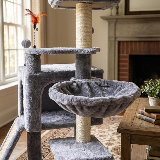 35.4'' Multifunction Cat Tree with Cozy Hammock & Hanging Ball, Cat Tower with Activity Cat Condo & Jute-Covered Scratching Posts, Grey