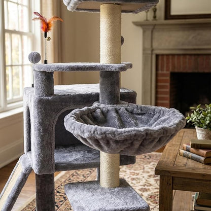 35.4'' Multifunction Cat Tree with Cozy Hammock & Hanging Ball, Cat Tower with Activity Cat Condo & Jute-Covered Scratching Posts, Grey