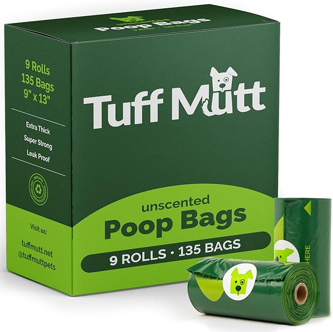 Tuff Mutt Dog Poop Bags - Dispenser-Friendly, Leak-Proof Waste Bags for Dogs, Pack contains 9 rolls with 15 bags each