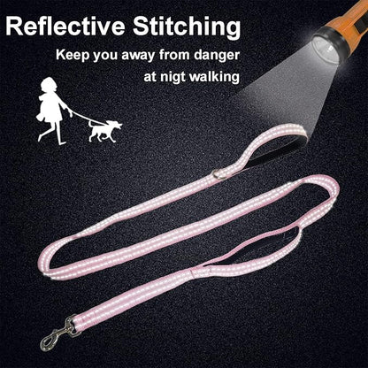 Dual Padded Handle Walking And Training Standard Leashes For Large Dogs With Reflective Stitching, 360° Rotatable Heavy Duty Metal Buckle,D-Ring,Durable Nylon,6Ft Long For Big Dogs Over 70 Pounds Pink