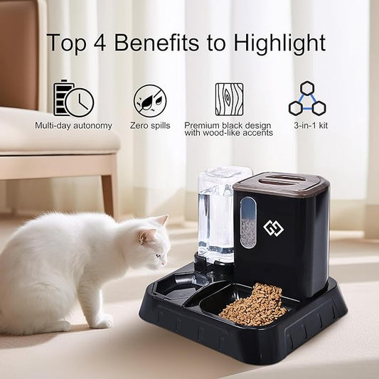 Gravity Cat Feeder and Automatic Water Dispenser for Dogs, 3 in 1 Spill-Proof Cat Feeding Station, Black Premium Design with Absorbent Mat, Easy to Clean