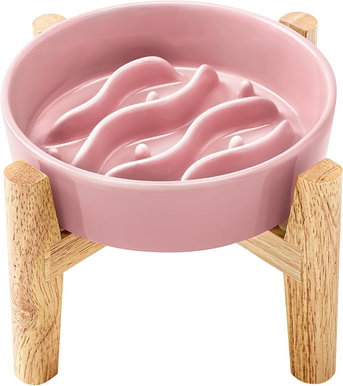 Ceramic Slow Feeder Dog Bowls Elevated, 0.6 Cup Dog Slow Feeder for Small Dogs, Puzzle Maze Bowl, 14oz, 6in, Salmon Pink