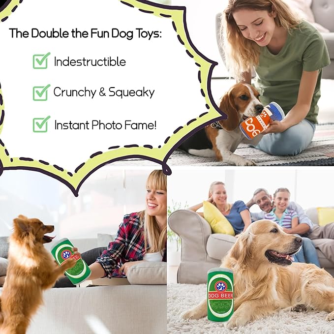 Squeaky Plush Dog Toys 2 Pack - Funny Beer Puppy Toys with Squeaker for Small Medium Large Dogs, Soft Stuffed Chew Toys for Birthday Gifts(Green&Grey)