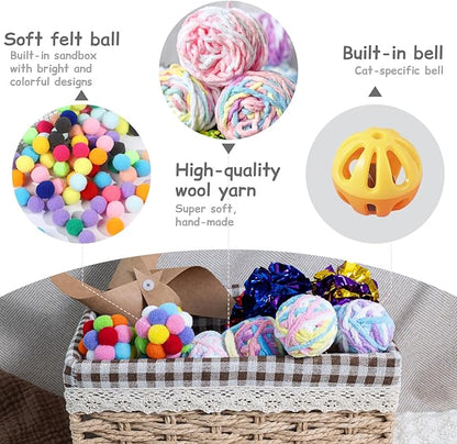 12 Pack 1.7 Inch Cat Toy Balls, Assorted Wool Yarn, Bell & Crinkle Balls for Indoor Cats & Kittens, Interactive Colorful Set