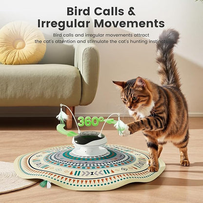 Gardner Pet Cat Toys Chargeable,5in1 Hide and Seek Automatic Interactive cat Toy, Chirping Moving Ambush Feather, Track Balls,Indoor Exercise Kicker 24 inch Cover for All Breeds,Boho Style - Beige