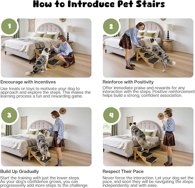 4-Step Dog Stairs for Large Dogs, Solid Wooden Dog Steps for Beds/Couch with Carpet, 24 Inches Anti-Slip Pet Stairs for High Beds, Ramp for Older/Senior Dogs, Pet Bed Stairs to Get on Bed/Sofa
