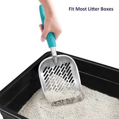 WePet Cat Litter Scoop, Aluminum Alloy Sifter, Kitty Metal Scooper, Deep Shovel with Diagonal Sifting Hole, Long Handle, Kitten Poop Lifter for Litter Box, Medium Size, Turkish Blue Handle