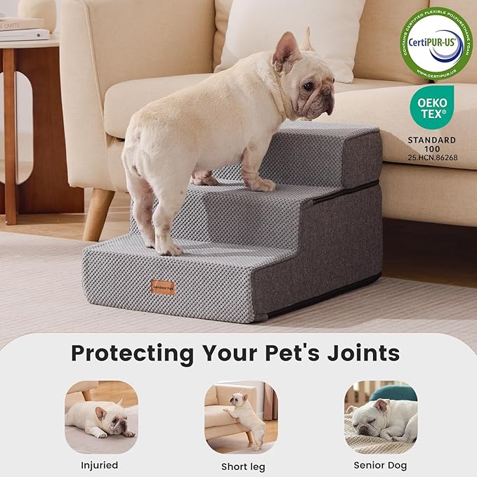 Gardner Pet Dog Stairs for Small Dogs 14" H, 3-Step Extra Wide Dog Steps for Bed, Pet Stairs for Bed and Couch with Durable Non-Slip Waterproof Fabric Cover and Soft Foam, Grey