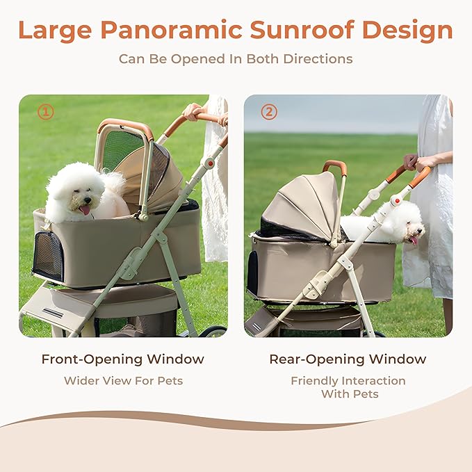 Dog Cat Stroller for Small/Medium Pets up to 55 Lbs, 3-in-1 Foldable Pet Stroller with Detachable Carrier, 4 Wheels, Adjustable Height, Single Foot Brake, Pet Strollers for Travel Outdoor (Khaki