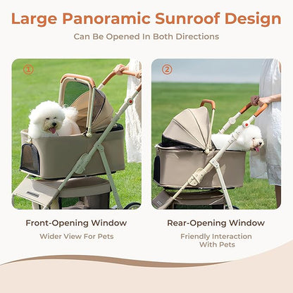 Dog Cat Stroller for Small/Medium Pets up to 55 Lbs, 3-in-1 Foldable Pet Stroller with Detachable Carrier, 4 Wheels, Adjustable Height, Single Foot Brake, Pet Strollers for Travel Outdoor (Khaki