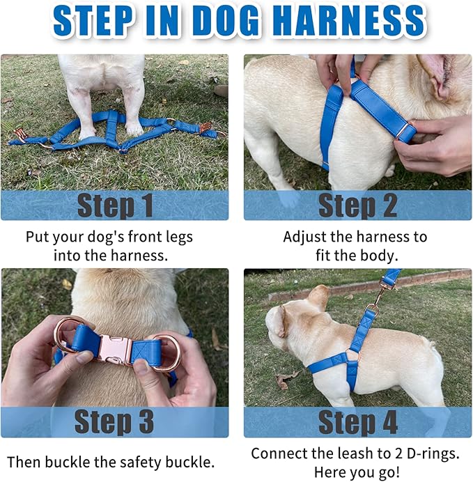 Soft Leather No Pull Dog Harness - Adjustable Step In Dog Harness with Rose Gold Heavy Duty Metal Buckle, Freedom Nylon Dog Halter Vests for Small Medium Large Dogs Easy Walking Training XS, Dark Blue