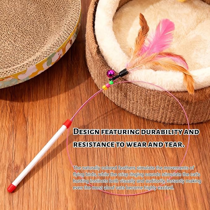 Cat Feather Wand Toy - Steel Wire Feather Interactive Cat Stick Training - Beads Bells Kitten Wand Toys Pet, Funny Kitten Fishing Pole Toy for Bored Indoor Chase & Exercise(1Pcs)