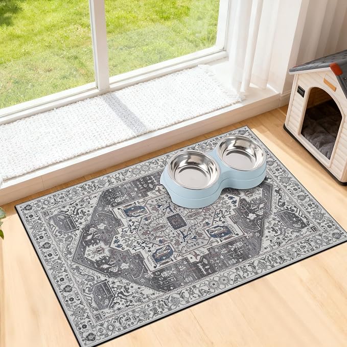 famibay Dog Food Mat, Absorbent Cat Dog Mats for Food and Water, No Stains Quick Dry Pet Cat Bowl Mats with Non Slip Backing, Boho Pet Feeding Mat for Floor Waterproof 16"x24"