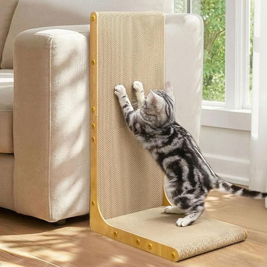 Cardboard Cat Scratcher, 26" L-Shaped Scratch Pad, Vertical Wall-Leaning Scratching Board to Protect Furniture for Indoor Cats,Wood Grain Jumbo