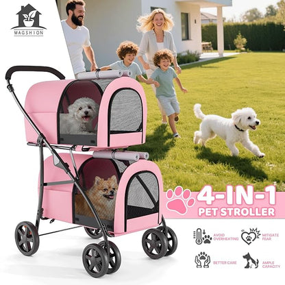 Magshion Double Dog Stroller with 2 Detachable Carrier Bags, 4-Wheel Folding Pet Travel Strolling Cart with Storage Pocket for Small-Medium Dogs & Cats Puppy, Pink Gray, Pink