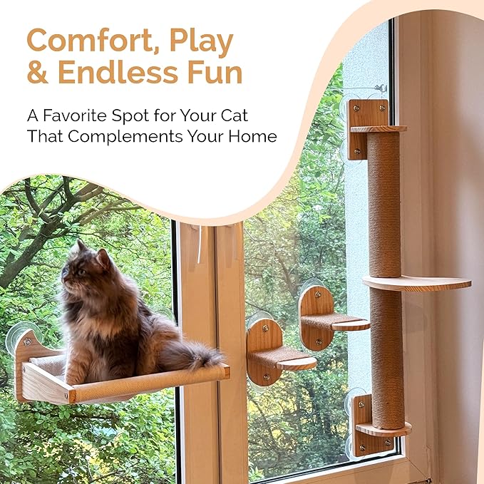 4-in-1 Window & Wall Mount Cat Wall Shelves – Hammock, Scratching Post & Perch | Fits up to 40 lbs | Space-Saving Pet Furniture for Windows, Glass & Drywall | Modern Wood Cat Shelf Set