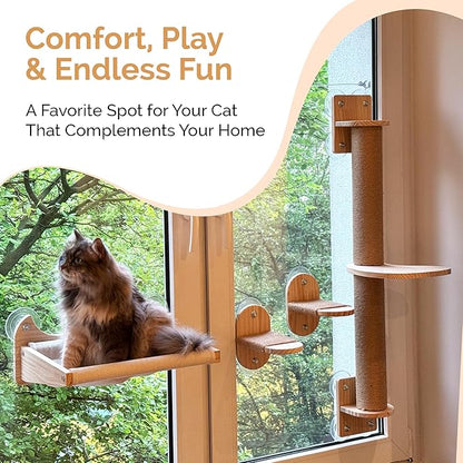 4-in-1 Window & Wall Mount Cat Wall Shelves – Hammock, Scratching Post & Perch | Fits up to 40 lbs | Space-Saving Pet Furniture for Windows, Glass & Drywall | Modern Wood Cat Shelf Set