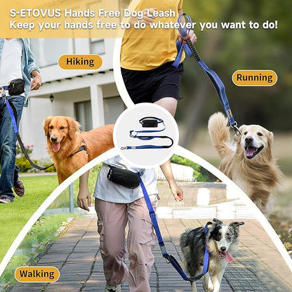 Hands Free Dog Leash with Zipper Pouch, Double Handle Running Reflective Bungee Waist Leash for Dog Walking, Training and Hiking for Small Medium Large Dogs (Blue)