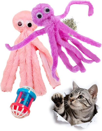 3 Pack Cat Toys Balls Indoor Kitten, Soft Plush Catnip Octopus Toys and Bell Ball for Happy Active Play (1.5'' - 7.4'')