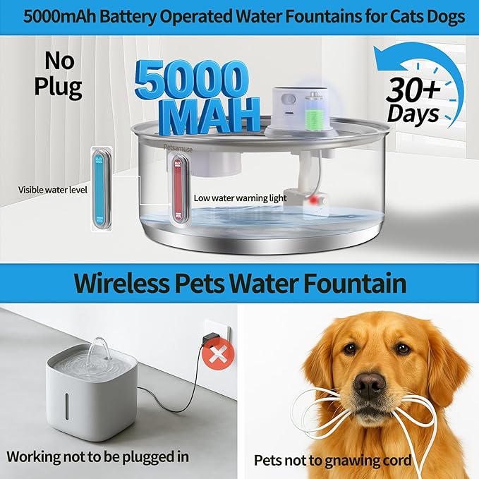 Wireless Dog Water Fountain, 2.1Gal/8L Battery Operated Stainless Steel Pet Water Fountain Motion Sensor Dog Water Bowl Large Cat Bowl Inside with 3 Filters and 2 Ultra Quiet Pumps
